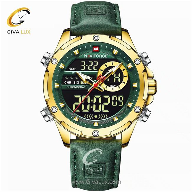 ساعت مچی اورجینال مردانه ناوی فورس|Naviforce|نوی فورس|نیوی فورس دو زمانه طلایی | سبز| سبز| کد رفرنس NF9208