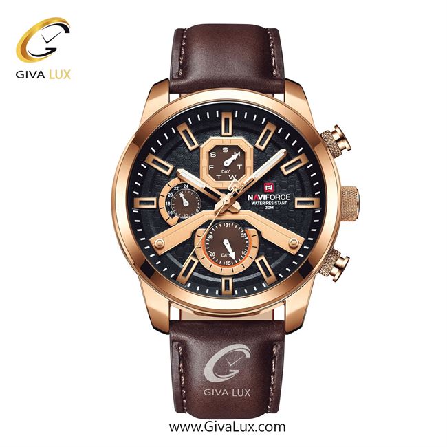 ساعت مچی اورجینال ناوی فورس مردانه سه موتوره فول تایم رزگلد | قهوه ای | مشکی | کد رفرنس NF9211-RG/B/D.BN
