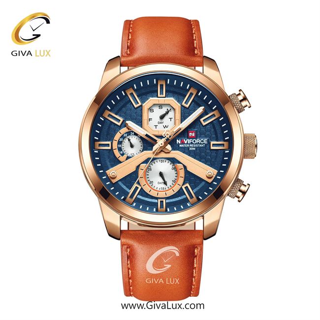 ساعت مچی اورجینال ناوی فورس مردانه سه موتوره فول تایم رزگلد | شتری | آبی | کد رفرنس NF9211-RG/BE/O