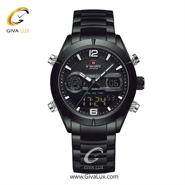 ساعت مچی اورجینال مردانه ناوی فورس|Naviforce|نوی فورس|نیوی فورس دو زمانه مشکی | مشکی| مشکی| کد رفرنس NF9232 B/B/B