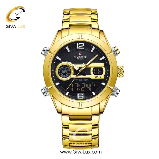 ساعت مچی اورجینال مردانه ناوی فورس|Naviforce|نوی فورس|نیوی فورس دو زمانه طلایی | طلایی| مشکی| کد رفرنس NF9232 G/B/G.