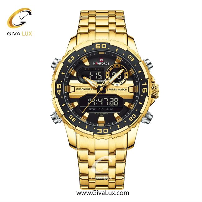 ساعت مچی اورجینال مردانه ناوی فورس|Naviforce|نوی فورس|نیوی فورس دو زمانه طلایی | طلایی| مشکی-طلایی| کد رفرنس NF9234-G/B/G