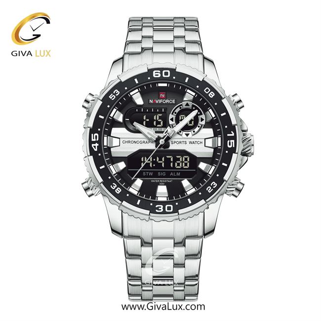 ساعت مچی اورجینال مردانه ناوی فورس|Naviforce|نوی فورس|نیوی فورس دو زمانه نقره ای | نقره ای| نقره ای-مشکی| کد رفرنس NF9234-S/B/S
