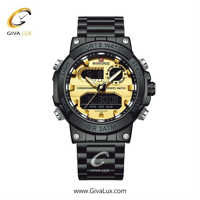 ساعت مچی اورجینال مردانه ناوی فورس|Naviforce|نوی فورس|نیوی فورس دو زمانه مشکی | مشکی| طلایی| کد رفرنس NF9237 B/G/B