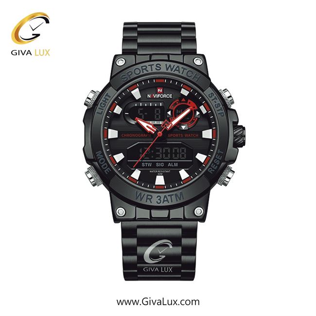 ساعت مچی اورجینال مردانه ناوی فورس|Naviforce|نوی فورس|نیوی فورس دو زمانه مشکی | مشکی| قرمز| کد رفرنس NF9237 B/R/B