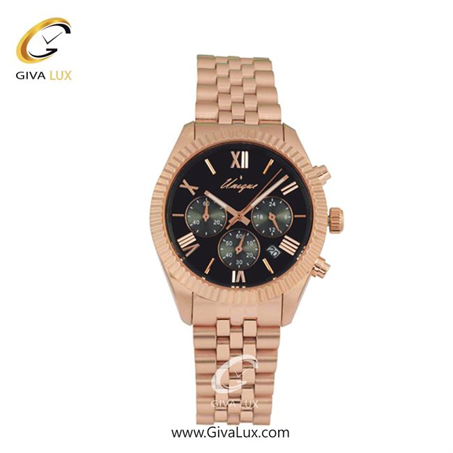 ساعت مچی اورجینال زنانه یونیک سه موتوره کرنوگراف رزگلد | رزگلد| مشکی| کد رفرنس S517-R