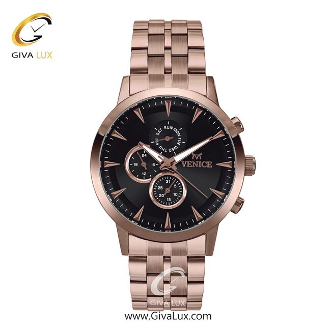ساعت مچی اورجینال مردانه ونیز سه موتوره فول تایم رزگلد | رزگلد| مشکی| کد رفرنس V800013402