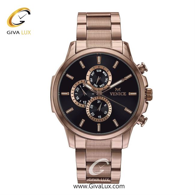 ساعت مچی اورجینال مردانه ونیز سه موتوره فول تایم رزگلد | رزگلد| مشکی| کد رفرنس V801063402