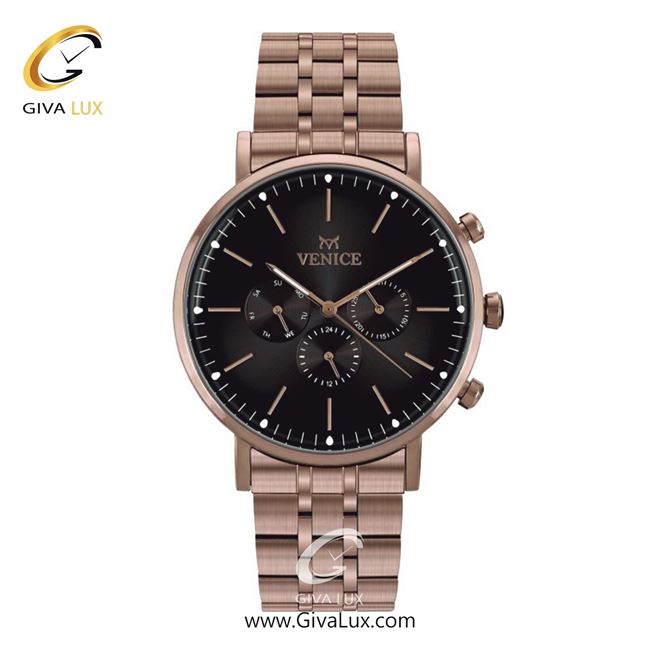 ساعت مچی اورجینال مردانه ونیز سه موتوره فول تایم رزگلد | رزگلد| مشکی| کد رفرنس V801133402