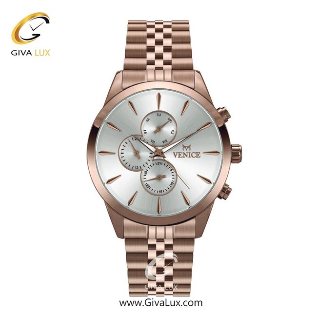 ساعت مچی اورجینال مردانه ونیز سه موتوره فول تایم رزگلد | رزگلد| نقره ای| کد رفرنس V801163102