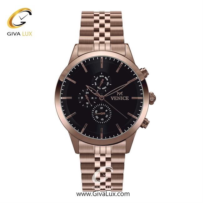 ساعت مچی اورجینال مردانه ونیز سه موتوره فول تایم رزگلد | رزگلد| مشکی| کد رفرنس V801203402