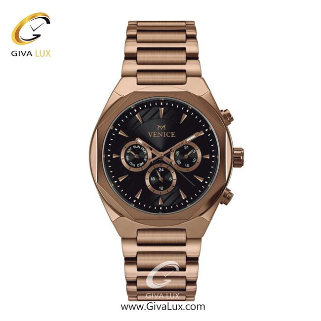 ساعت مچی اورجینال مردانه ونیز سه موتوره فول تایم رزگلد | رزگلد| مشکی| کد رفرنس V801213402
