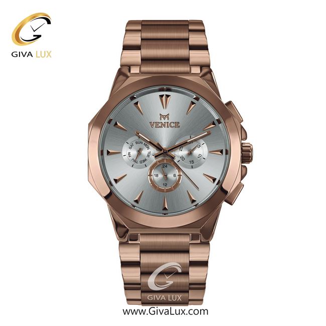 ساعت مچی اورجینال مردانه ونیز سه موتوره فول تایم رزگلد | رزگلد| نقره ای| کد رفرنس V801223102