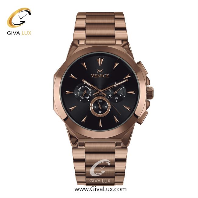 ساعت مچی اورجینال مردانه ونیز سه موتوره فول تایم رزگلد | رزگلد| مشکی| کد رفرنس V801223402