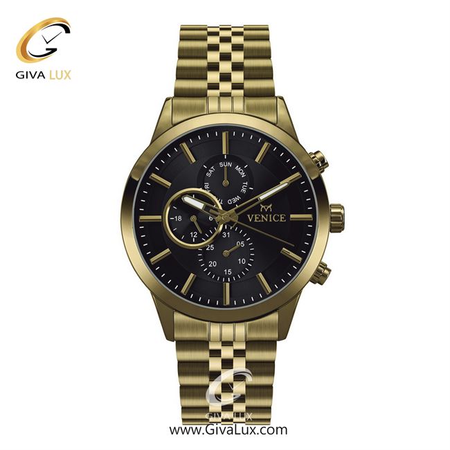 ساعت مچی اورجینال مردانه ونیز سه موتوره فول تایم طلایی | طلایی| مشکی| کد رفرنس V801232502