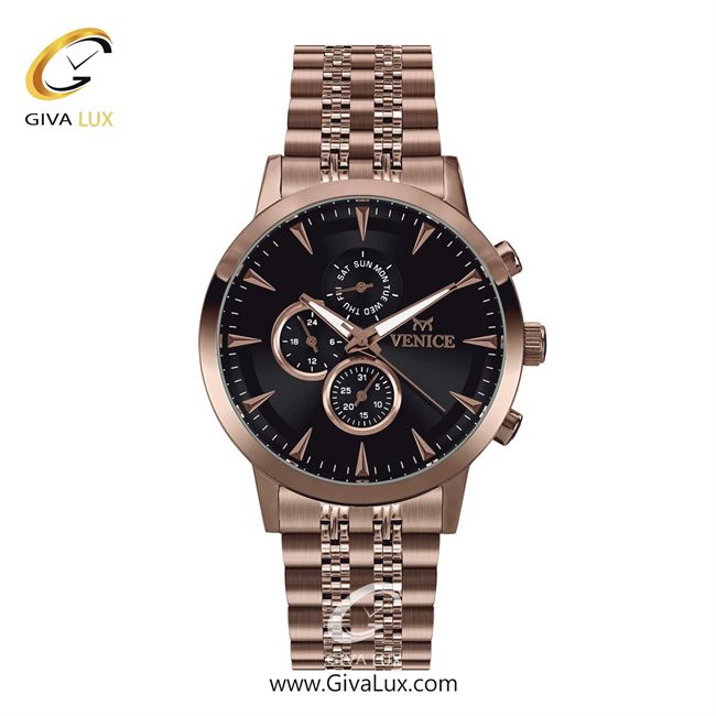 ساعت مچی اورجینال مردانه ونیز سه موتوره فول تایم رزگلد | رزگلد| مشکی| کد رفرنس V801283402