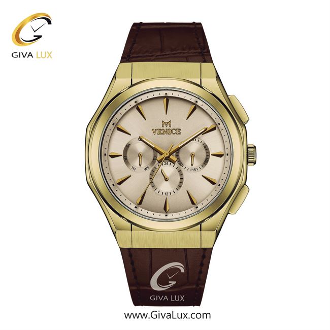 ساعت مچی اورجینال مردانه ونیز سه موتوره فول تایم طلایی | قهوه ای| شامپاینی| کد رفرنس V801412302