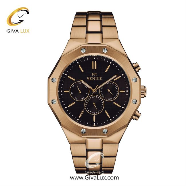 ساعت مچی اورجینال مردانه ونیز سه موتوره فول تایم رزگلد | رزگلد| مشکی| کد رفرنس V801423402