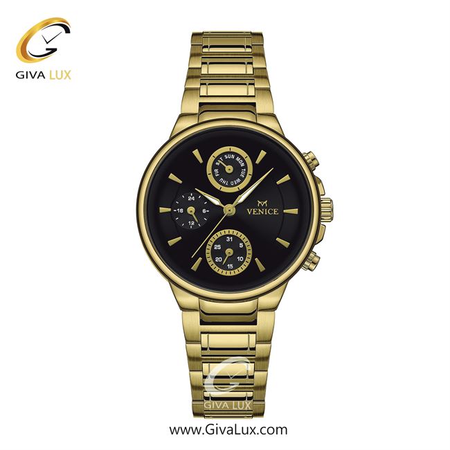 ساعت مچی اورجینال زنانه ونیز سه موتوره فول تایم طلایی | طلایی| مشکی| کد رفرنس V801542501