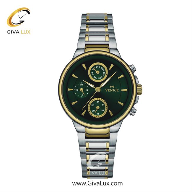 ساعت مچی اورجینال زنانه ونیز سه موتوره فول تایم طلایی-نقره ای | نقره ای-طلایی| سبز یشمی تیره| کد رفرنس V801545701