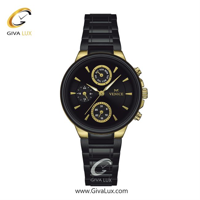 ساعت مچی اورجینال زنانه ونیز سه موتوره فول تایم مشکی-طلایی | مشکی| مشکی| کد رفرنس V801547001
