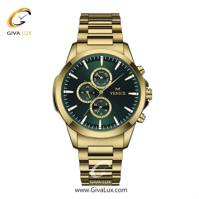 ساعت مچی اورجینال مردانه ونیز سه موتوره فول تایم طلایی | طلایی| سبز یشمی تیره| کد رفرنس V801622802