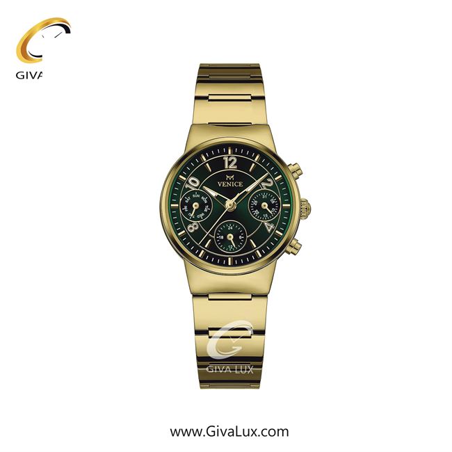 ساعت مچی اورجینال زنانه ونیز سه موتوره فول تایم طلایی | طلایی| سبز یشمی تیره| کد رفرنس V801662801