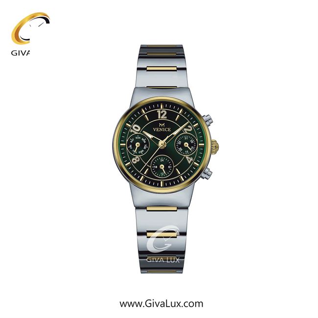 ساعت مچی اورجینال زنانه ونیز سه موتوره فول تایم نقره ای-طلایی | نقره ای-طلایی| سبز یشمی تیره| کد رفرنس V801665701