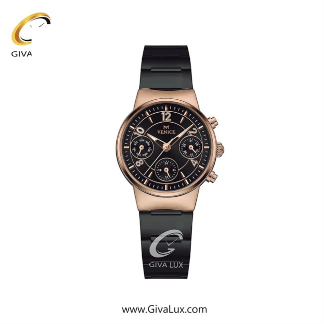ساعت مچی اورجینال زنانه ونیز سه موتوره فول تایم رزگلد | مشکی| مشکی| کد رفرنس V801666701