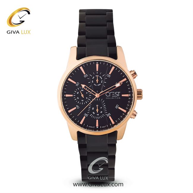 ساعت مچی اورجینال مردانه کرست سه موتوره فول تایم رزگلد | مشکی| مشکی| کد رفرنس Crest6001