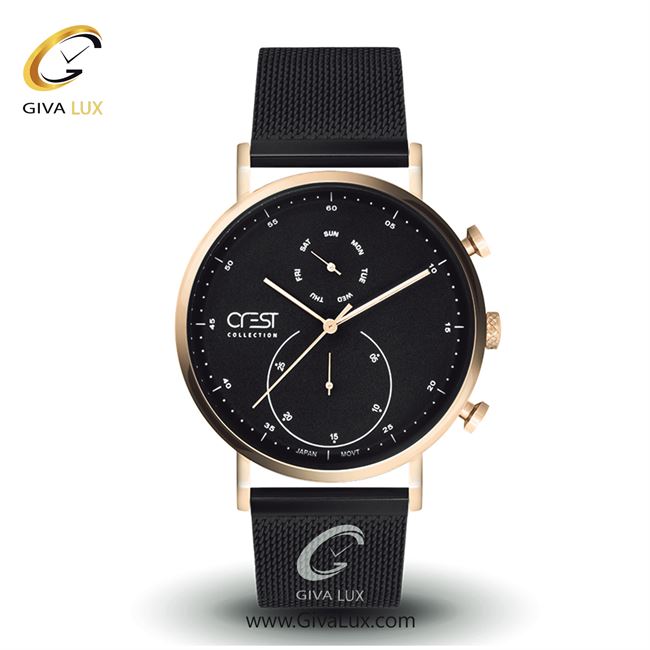 ساعت مچی اورجینال مردانه کرست سه موتوره فول تایم طلایی | مشکی| مشکی| کد رفرنس Crest6039