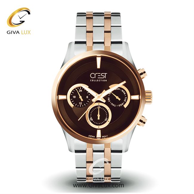 ساعت مچی اورجینال مردانه کرست سه موتوره فول تایم نقره ای-رزگلد | نقره ای-رزگلد| قهوه ای| کد رفرنس Crest6074