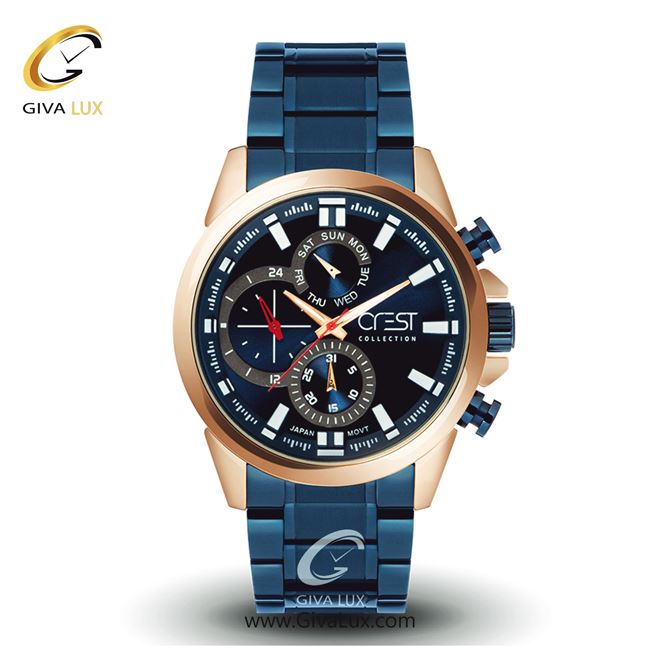 ساعت مچی اورجینال مردانه کرست سه موتوره فول تایم رزگلد | آبی| آبی| کد رفرنس Crest6075