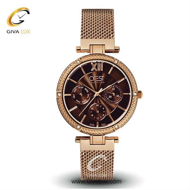 ساعت مچی اورجینال زنانه کرست سه موتوره فول تایم رزگلد | رزگلد| قهوه ای| کد رفرنس Crest6104