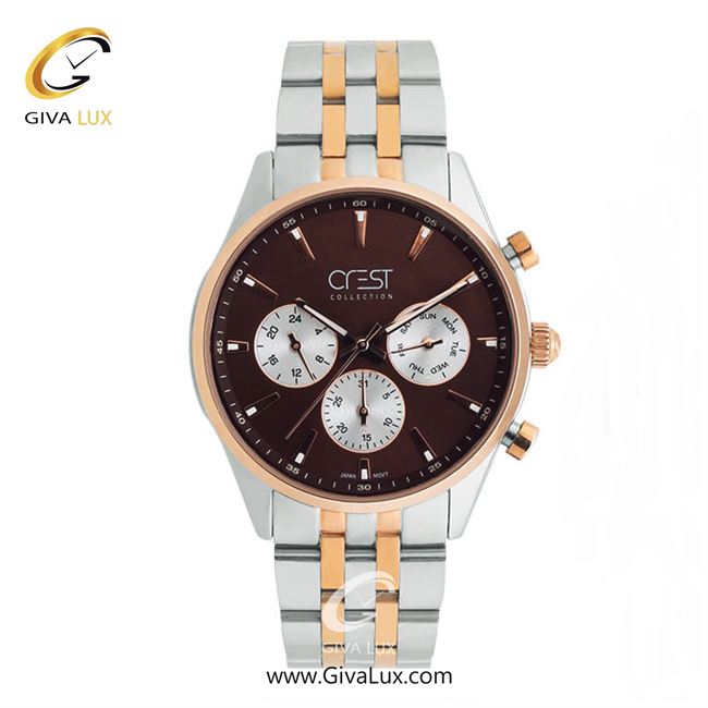 ساعت مچی اورجینال مردانه کرست سه موتوره فول تایم رزگلد-نقره ای | رزگلد-نقره ای| قهوه ای| کد رفرنس Crest6710A