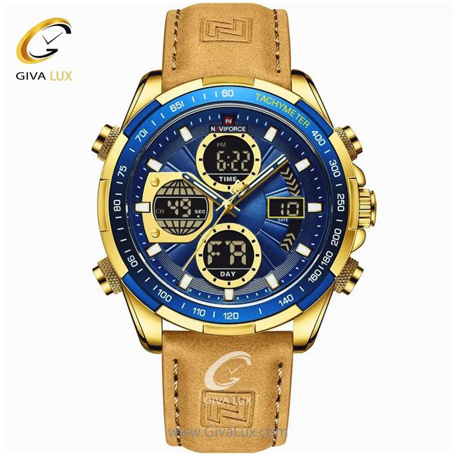 ساعت مچی اورجینال مردانه ناوی فورس|Naviforce|نوی فورس|نیوی فورس دو زمانه طلایی | شتری| آبی کاربنی| کد رفرنس NF9197L