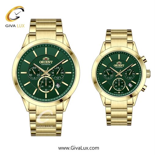 ساعت مچی اورجینال ست اورینت (کانتیننتال) | Orient (Continental) سه موتوره کرنوگراف طلایی | طلایی| سبز یشمی تیره| کد رفرنس 106