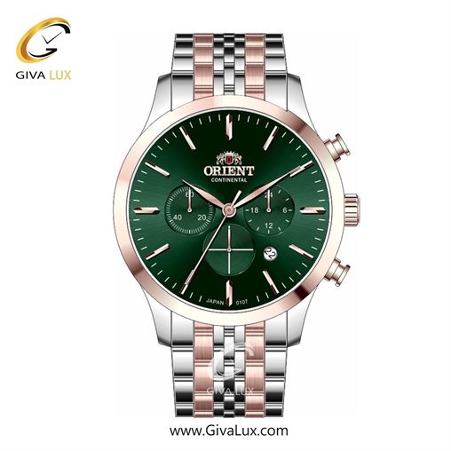 ساعت مچی اورجینال مردانه اورینت (کانتیننتال) | Orient (Continental) سه موتوره کرنوگراف رزگلد | نقره ای-رزگلد| سبز یشمی تیره| کد رفرنس 107
