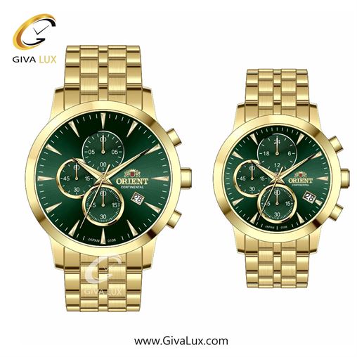 ساعت مچی اورجینال ست اورینت (کانتیننتال) | Orient (Continental) سه موتوره کرنوگراف طلایی | طلایی| سبز یشمی تیره| کد رفرنس 108