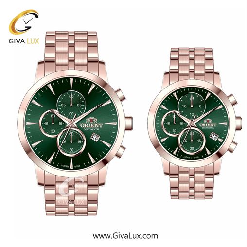 ساعت مچی اورجینال ست اورینت (کانتیننتال) | Orient (Continental) سه موتوره کرنوگراف رزگلد | رزگلد| سبز یشمی تیره| کد رفرنس 108