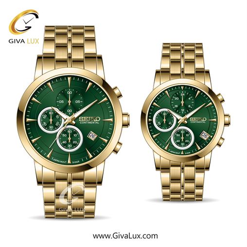 ساعت مچی اورجینال ست سیکو (کانتیننتال) | Seiko (Continental) سه موتوره کرنوگراف طلایی | طلایی| سبز یشمی تیره| کد رفرنس 0428