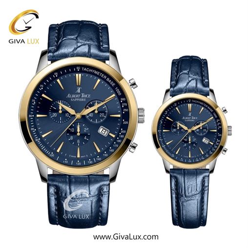 ساعت مچی اورجینال ست آلبرت ترایس سه موتوره کرنوگراف طلایی | سرمه ای| سرمه ای| کد رفرنس زنانه:AT20346 ، مردانه:AT20345