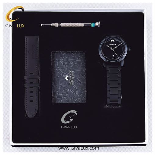 پک کادویی ساعت مچی مردانه بند استیل مشکی مونته با بند اضافه چرمی M751340 JBB 22114-1.jpg