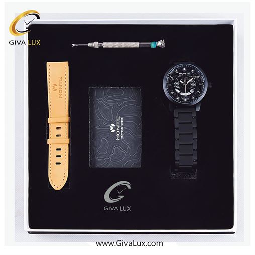 پک کادویی ساعت مچی مردانه بند استیل مشکی مونته با بند اضافه چرمی M751340 JBRB 22115-3.jpg