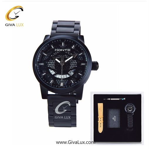 پک کادویی ساعت مچی مردانه بند استیل مشکی مونته با بند اضافه چرمی M751340 JBRB