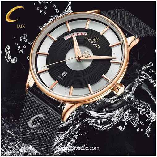 عکس رسمی ساعت مچی مردانه بند حصیری فلزی مشکی ناوی فورس مدل NF۳۰۰۷