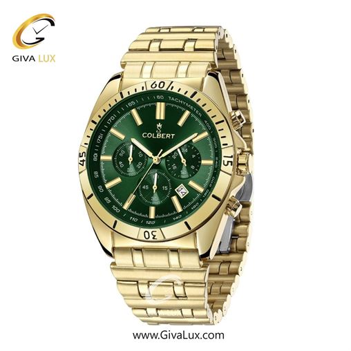 ساعت مچی اورجینال مردانه کلبرت COLBERT سه موتوره کرنوگراف طلایی | طلایی| سبز یشمی تیره| کد رفرنس 0286G