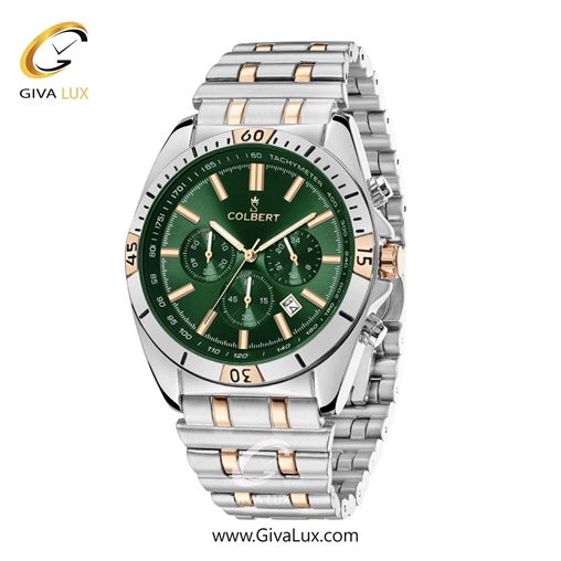 ساعت مچی اورجینال مردانه کلبرت COLBERT سه موتوره کرنوگراف نقره ای | نقره ای-رزگلد| سبز یشمی تیره| کد رفرنس 0286G