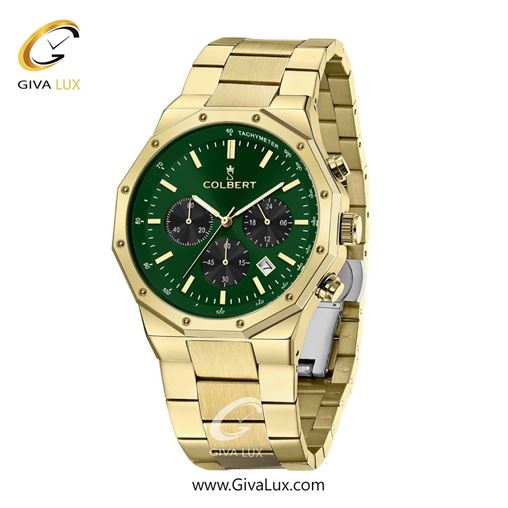 ساعت مچی اورجینال مردانه کلبرت COLBERT سه موتوره کرنوگراف طلایی | طلایی| سبز یشمی تیره| کد رفرنس 0291G