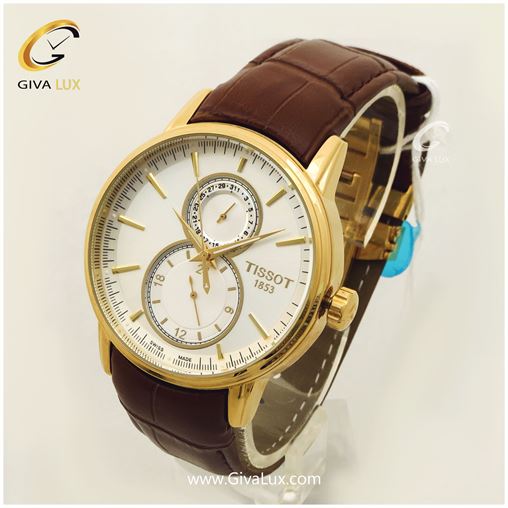 ساعت مردانه فول تایم تیسوت با بند قهوه ای و قاب طلایی